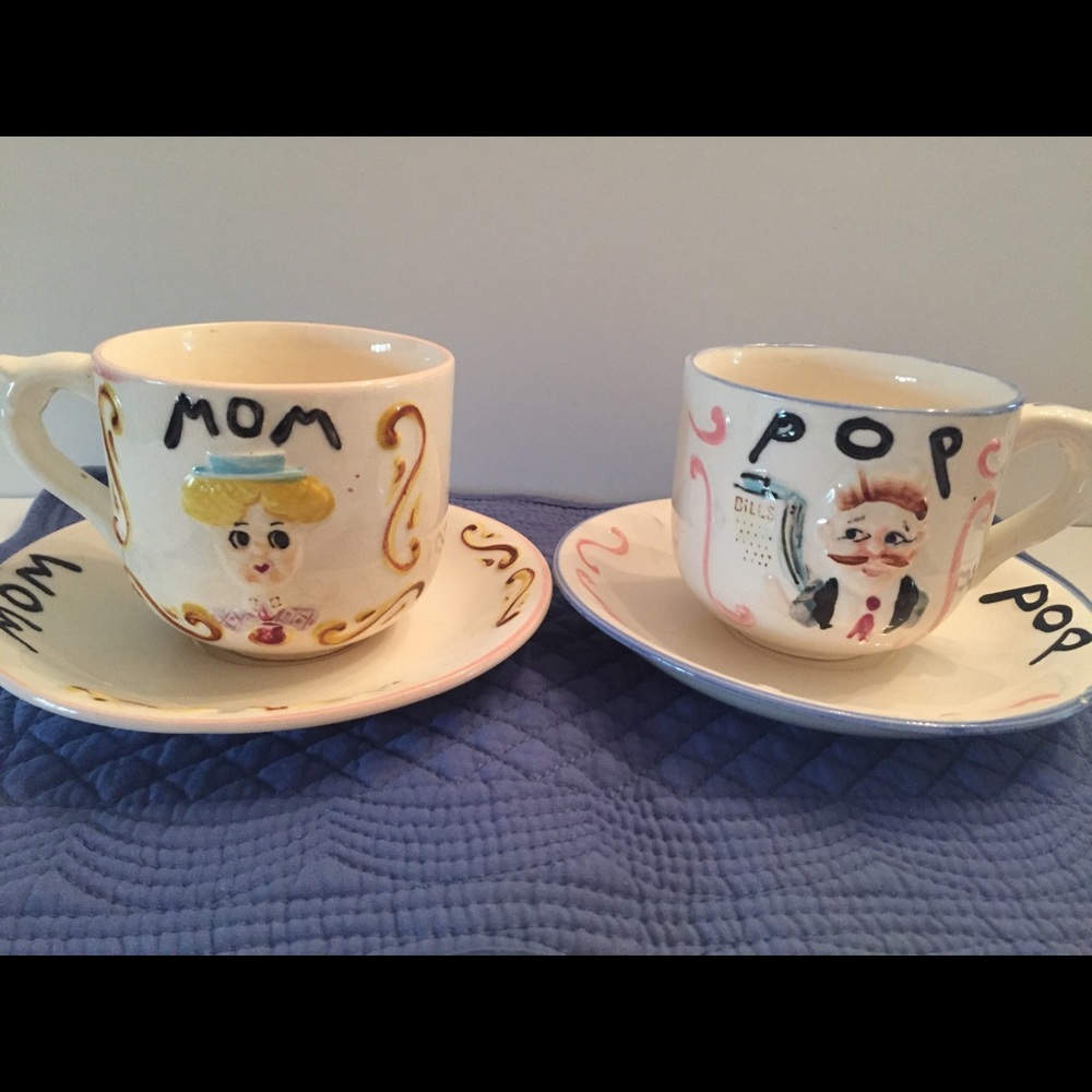 Vintage Mom and Pop Mugs and Saucers Retro Look